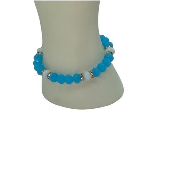 Blue White Beaded Silver-Tone Tree of Life Pendant Rhinestone Stretch Bracelet - Picture 7 of 12